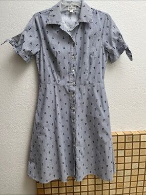 Chloe + Rene Striped Button-Front Navy Anchor Print Shirt Dress